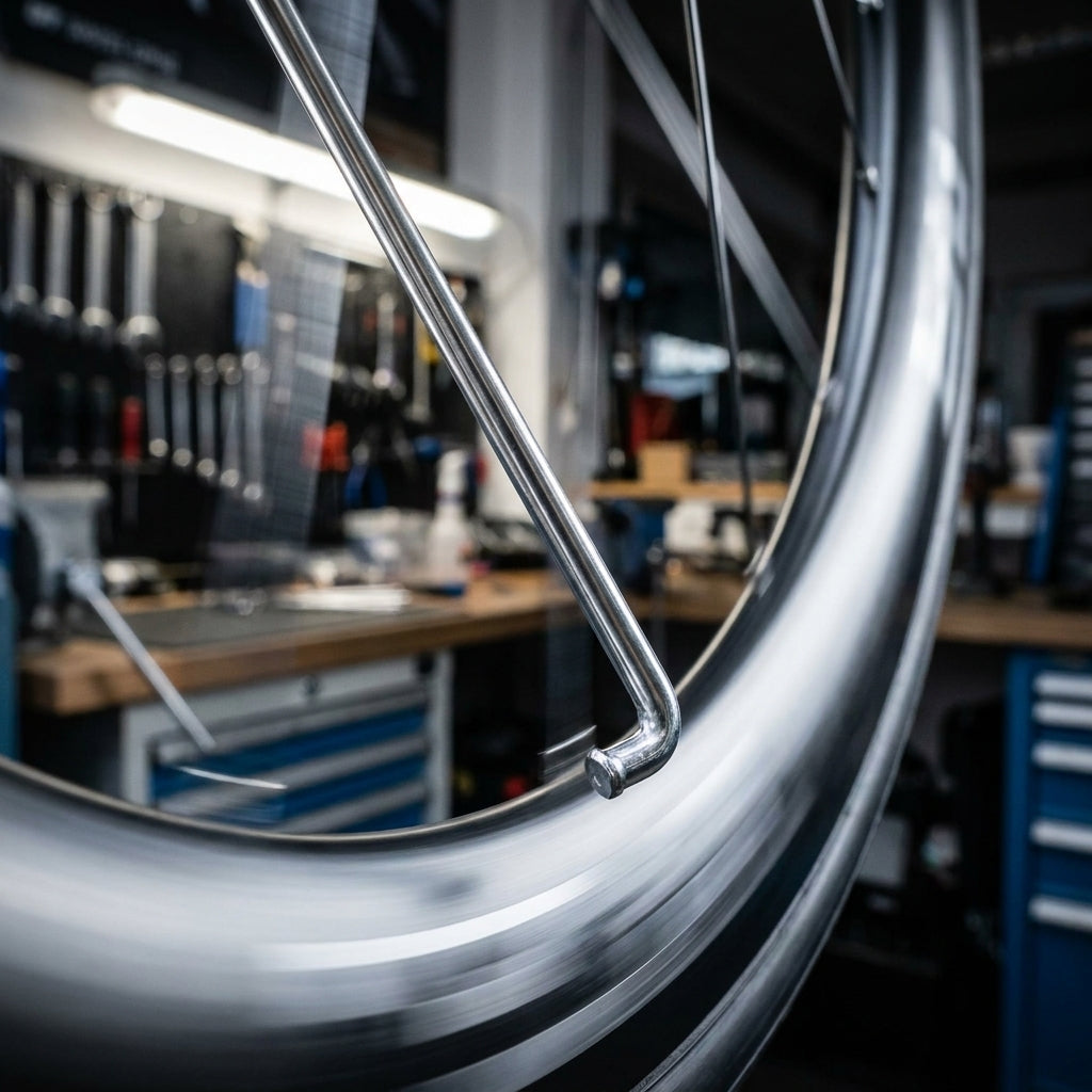 DT Swiss Speiche Competition silber am drehenden Laufrad, Detail einer robusten Allround-Fahrradspeiche in Werkstatt.