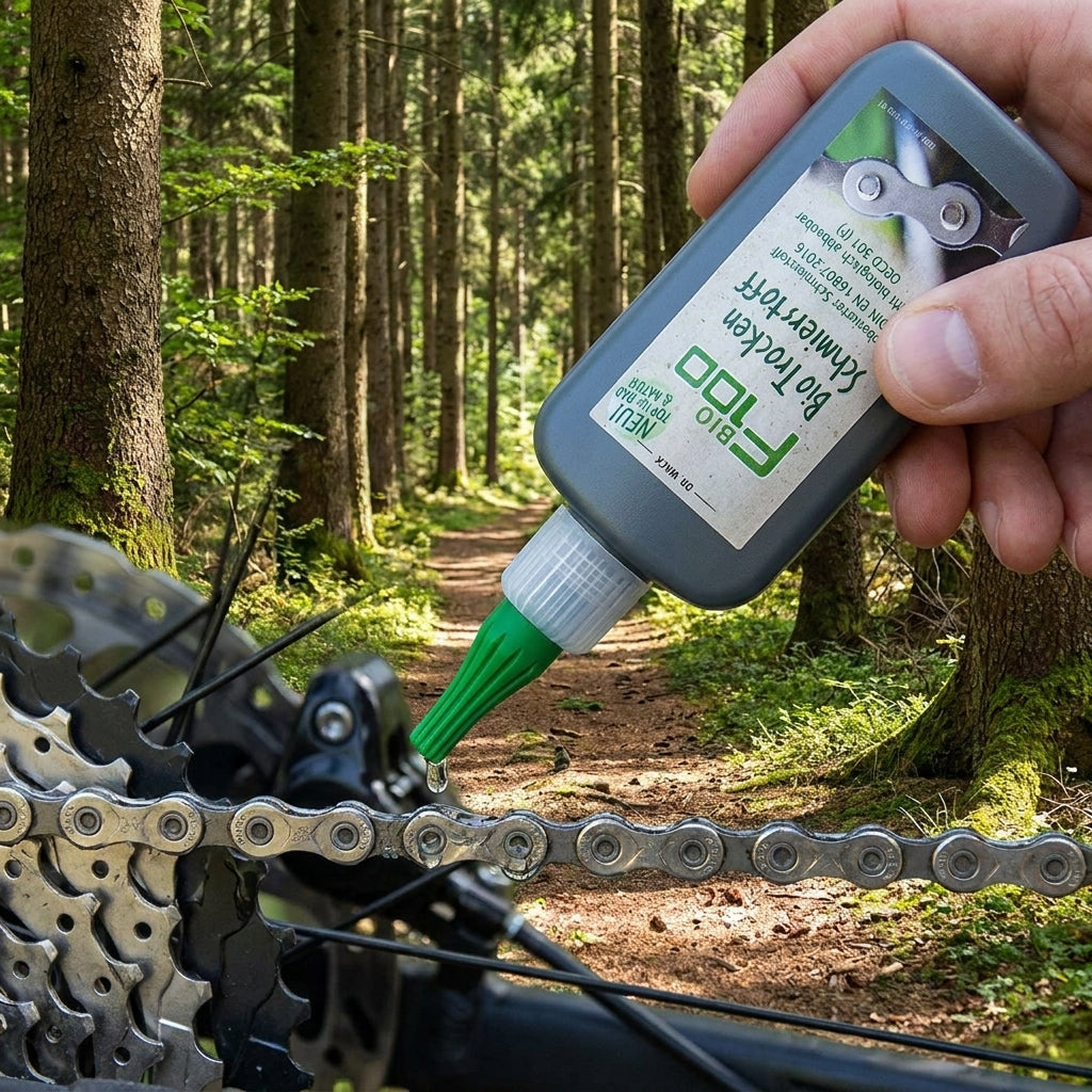 F100 Premium BIO Fahrradpflege Trocken Schmierstoff wird auf Fahrradkette im Wald aufgetragen.