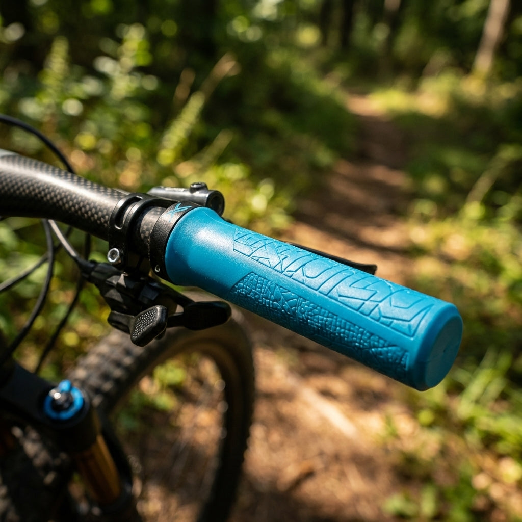 XLC Sport Griffe in Blau an einem Mountainbike mit Carbon-Lenker auf einem sonnigen Waldpfad.