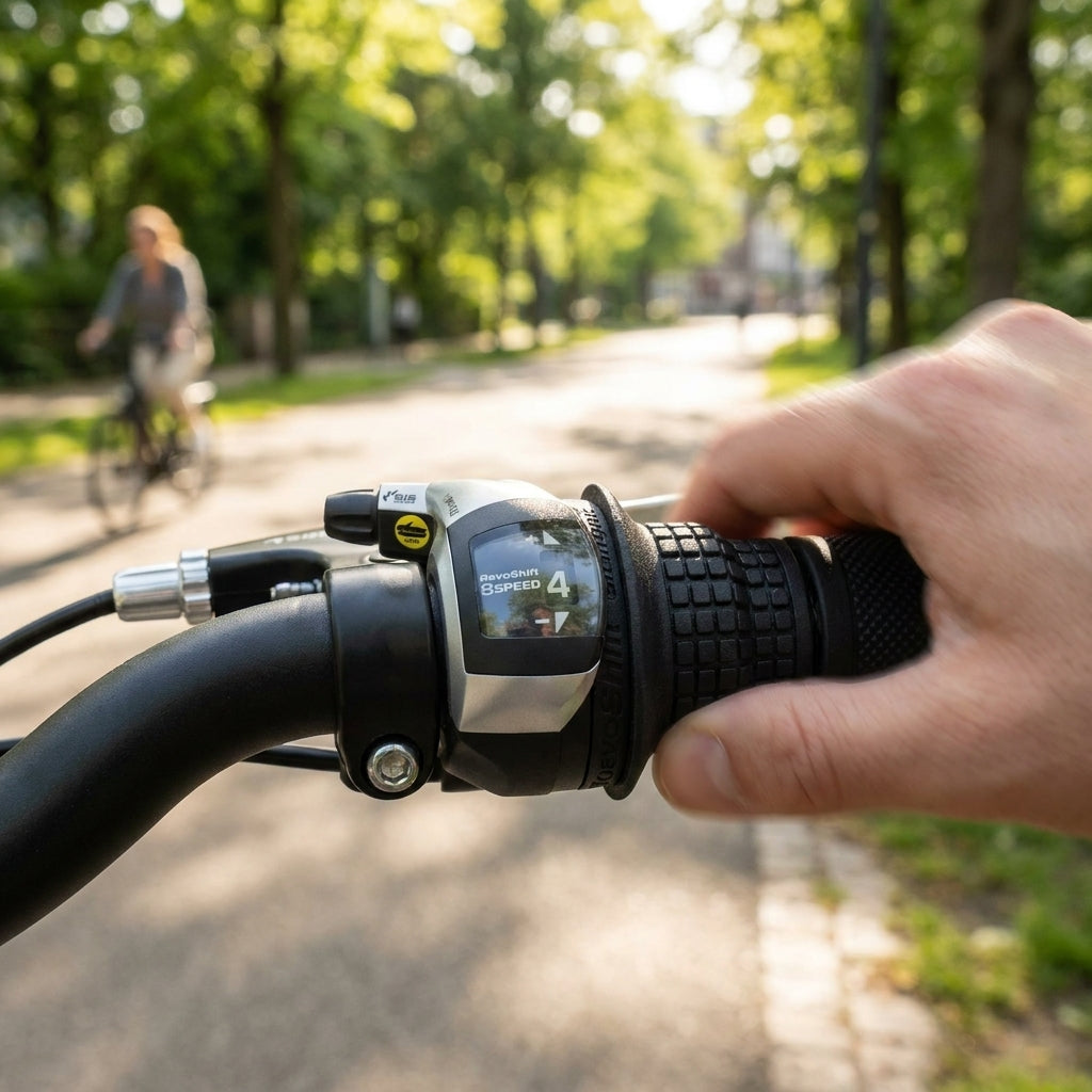 SHIMANO TOURNEY SL-RV400 Revoshift 8-fach Drehgriffschalter am Fahrradlenker, Gang 4, mit Hand des Fahrers.