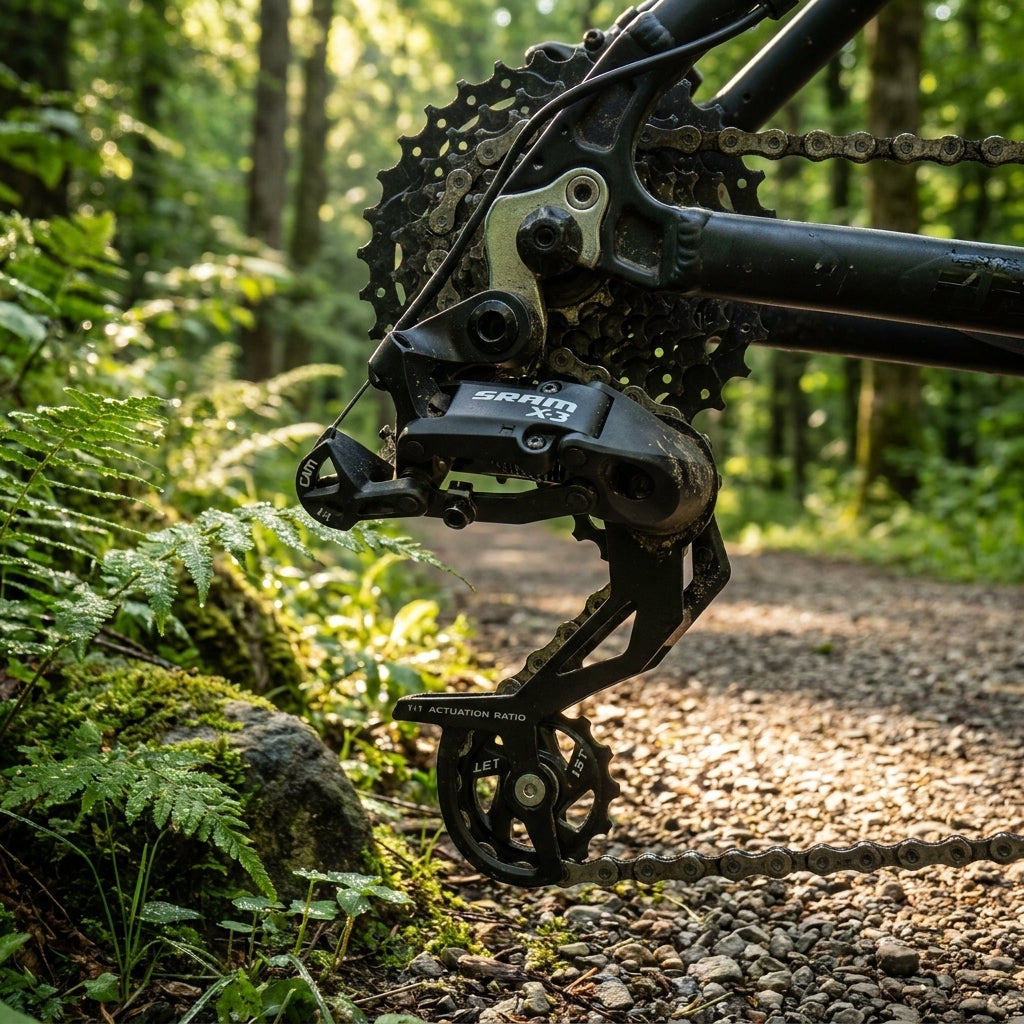 SRAM X.3 Schaltwerk langer Käfig schwarz 8-fach am Mountainbike auf Waldweg.