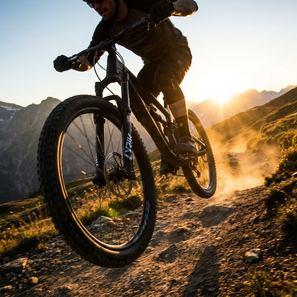 Mountainbiker mit RockShox Lyrik Federgabel in Aktion auf staubigem Trail bei Sonnenuntergang.