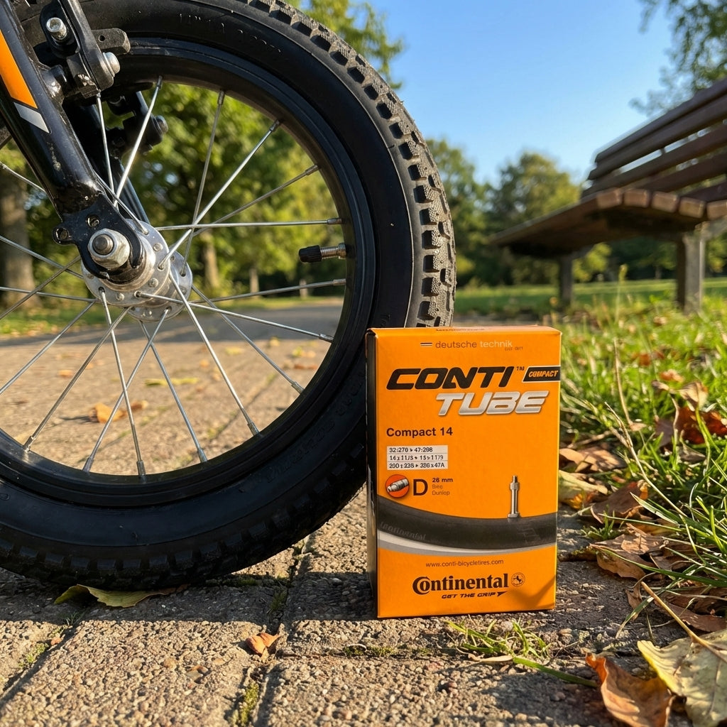 Continental Schlauch Conti Compact 14 14x1.25-1.75" DV 26mm neben Fahrradrad im Park.
