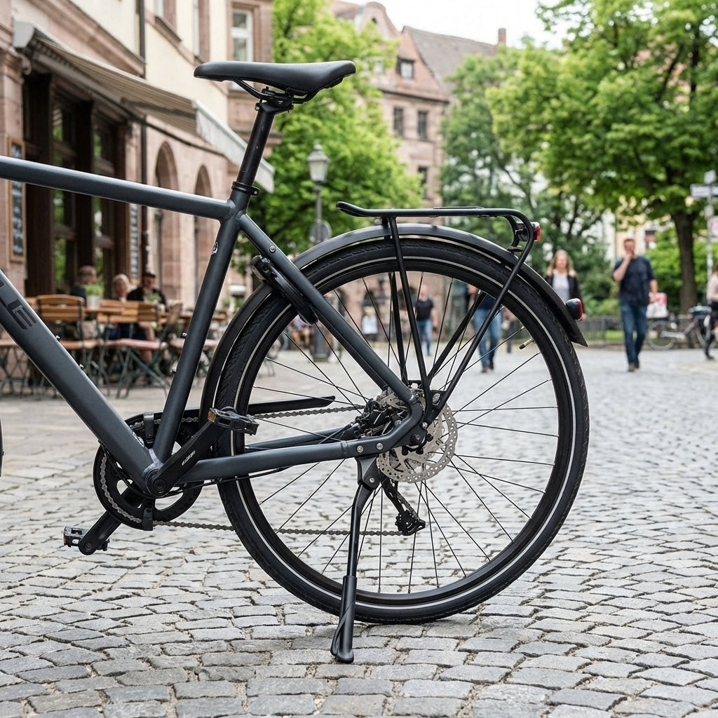 Hebie Hinterbauständer Fox uni schwarz verstellbar am Fahrrad auf Kopfsteinpflaster in der Stadt.