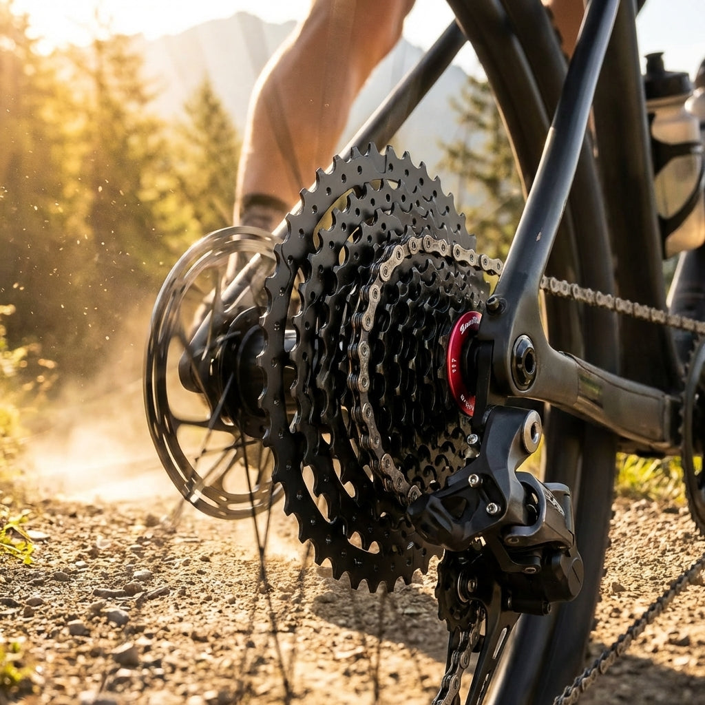 SunRace CSRX8 11-fach 11-42T schwarze Kassette am Gravelbike in Aktion auf Schotterweg.
