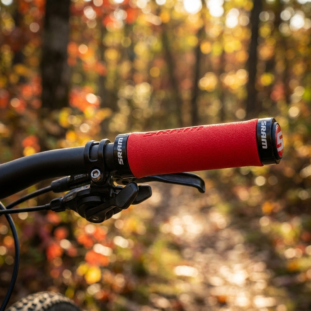 Rote SRAM Lockring Schaumstoff Griffe (129mm) am Mountainbike Lenker für sicheren Halt im Herbstwald.