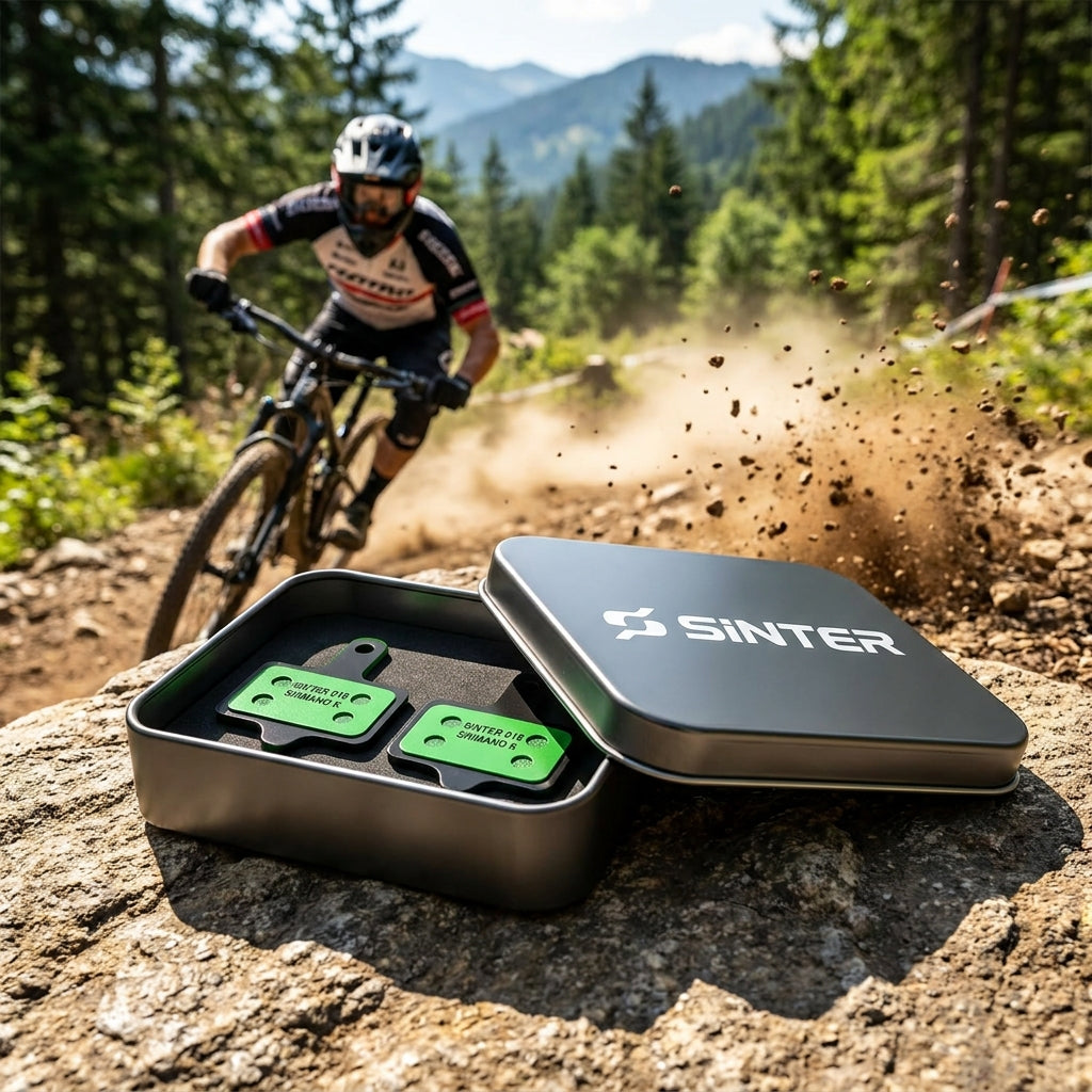 Grüner Scheibenbremsbelag Sinter 018 Shimano K organisch für MTB Race. Hochleistungs-Bremsbeläge Set in Dose.