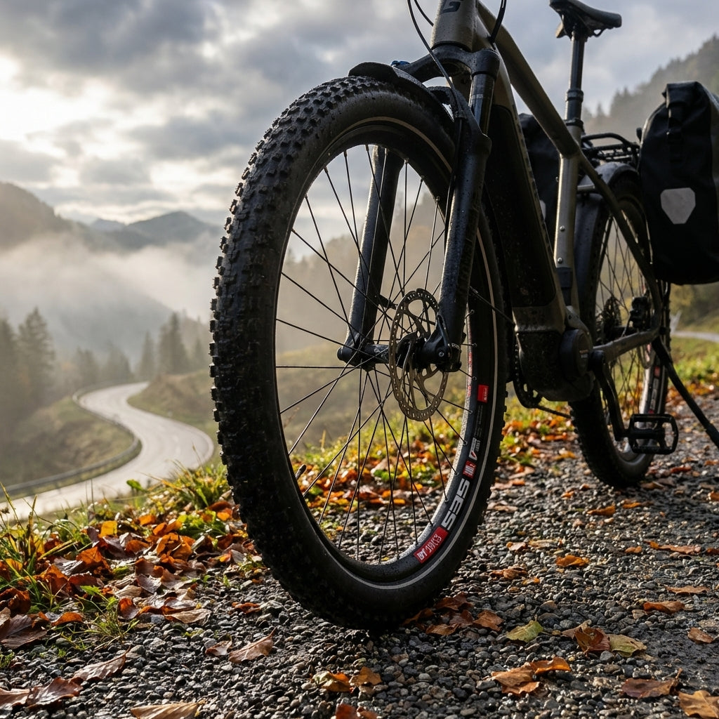 DT Swiss 535 schwarze E-Bike Felge am Vorderrad, Fahrrad auf Schotterweg mit Herbstlaub, Berge.