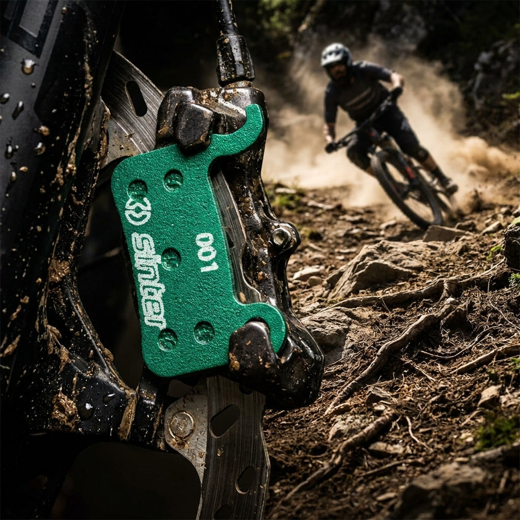 Grüner Sinter 001 Scheibenbremsbelag am Mountainbike, Biker fährt auf staubigem Trail bergab.