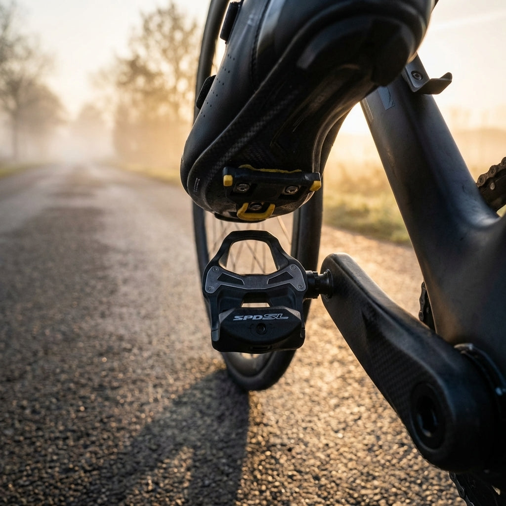 SHIMANO PD-R550 SPD-SL Rennrad Klickpedal mit Fahrradschuh und Cleat auf nebliger Straße.