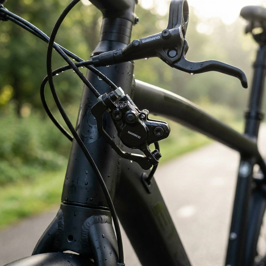 SHIMANO MT201 Scheibenbremse VR am schwarzen Fahrrad, vormontiert und befüllt.