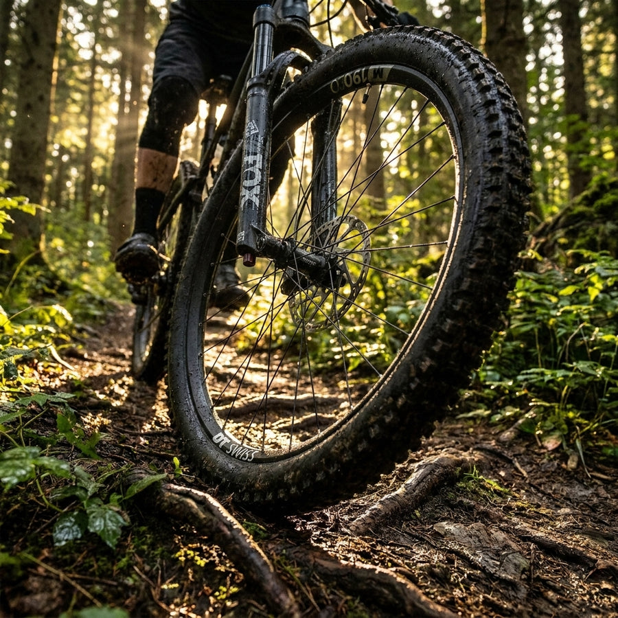 DT Swiss M 1900 SPLINE 29" schwarzes Laufrad am Mountainbike auf schlammigem Waldweg, robust für All-Mountain.