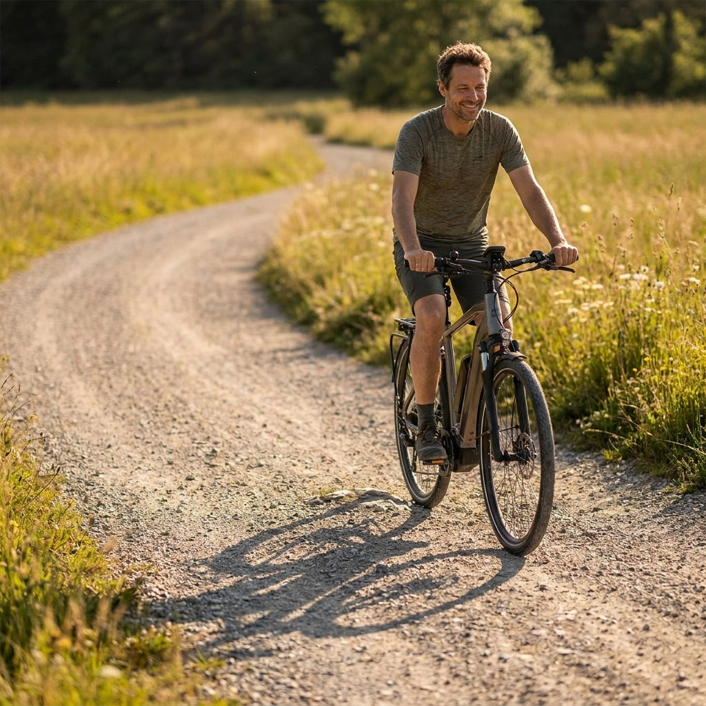 SR-Suntour Federsattelstütze SP17 NCX am E-Bike eines lachenden Mannes auf sonnigem Schotterweg in der Natur.