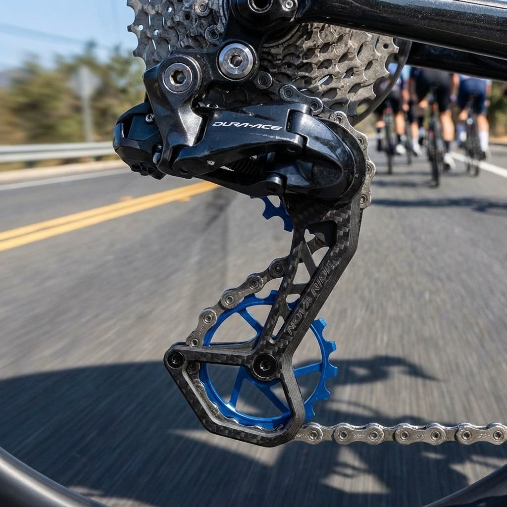 Nova Ride CCD EVO 12-fach Schaltwerkskäfig blau aus Carbon an Shimano Dura-Ace 12-fach Schaltwerk am Rennrad.