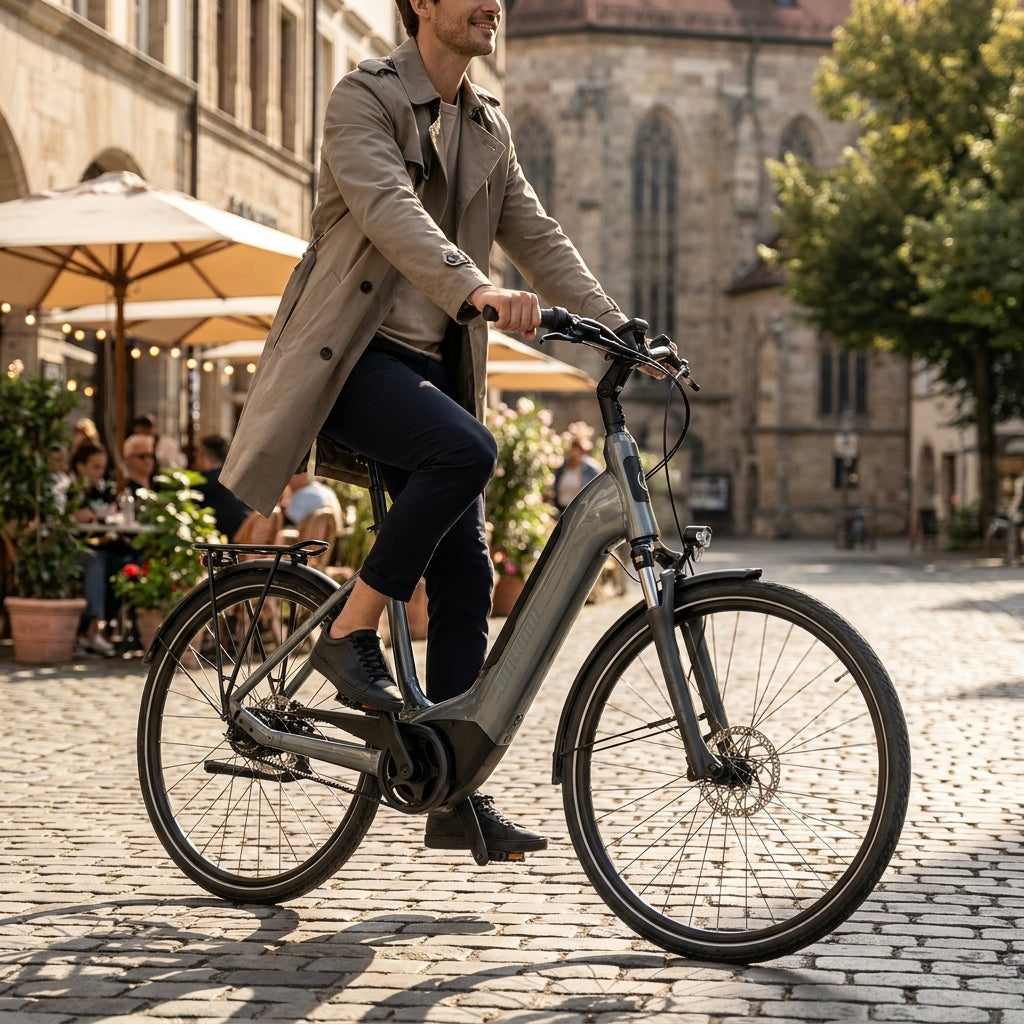 Winora TRIA R8 LOW Tiefeinsteiger E-Bike, grau, mit Mann auf Kopfsteinpflaster in der Stadt.