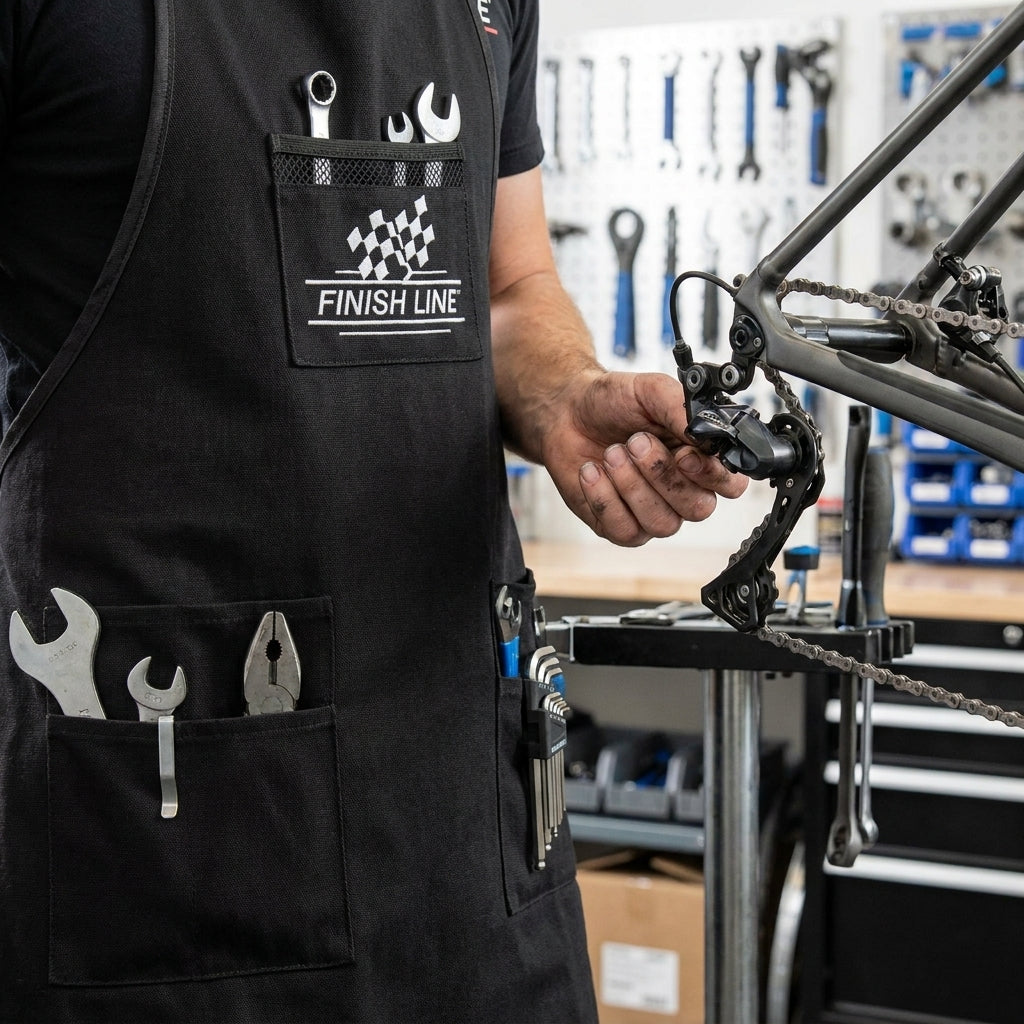 Schwarze Finish Line Werkstattschürze mit Werkzeugen in Taschen, ideal für Fahrradwerkstatt, von Mechaniker getragen.