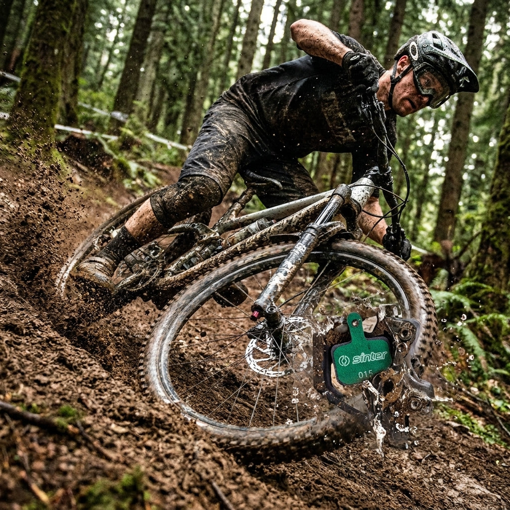 Sinter 015 organische grüne MTB Scheibenbremsbeläge im Renneinsatz auf schlammigem Trail.
