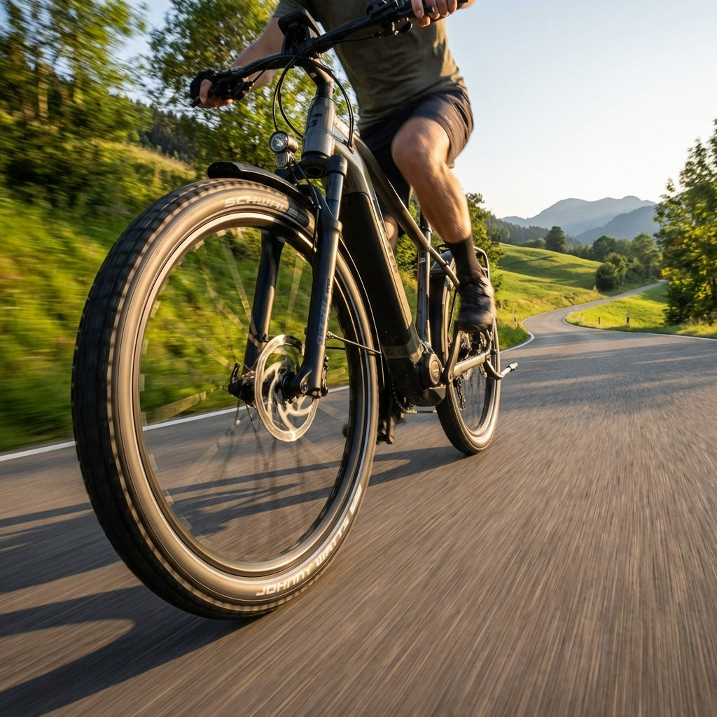 Schwalbe Johnny Watts E-Bike Reifen 27.5x2.35" schwarz Reflex am Fahrrad auf kurviger Landstraße.