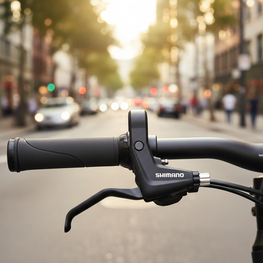 SHIMANO BL-T4000 linker Bremshebel für V-Brakes in Schwarz am Fahrradlenker in der Stadt.