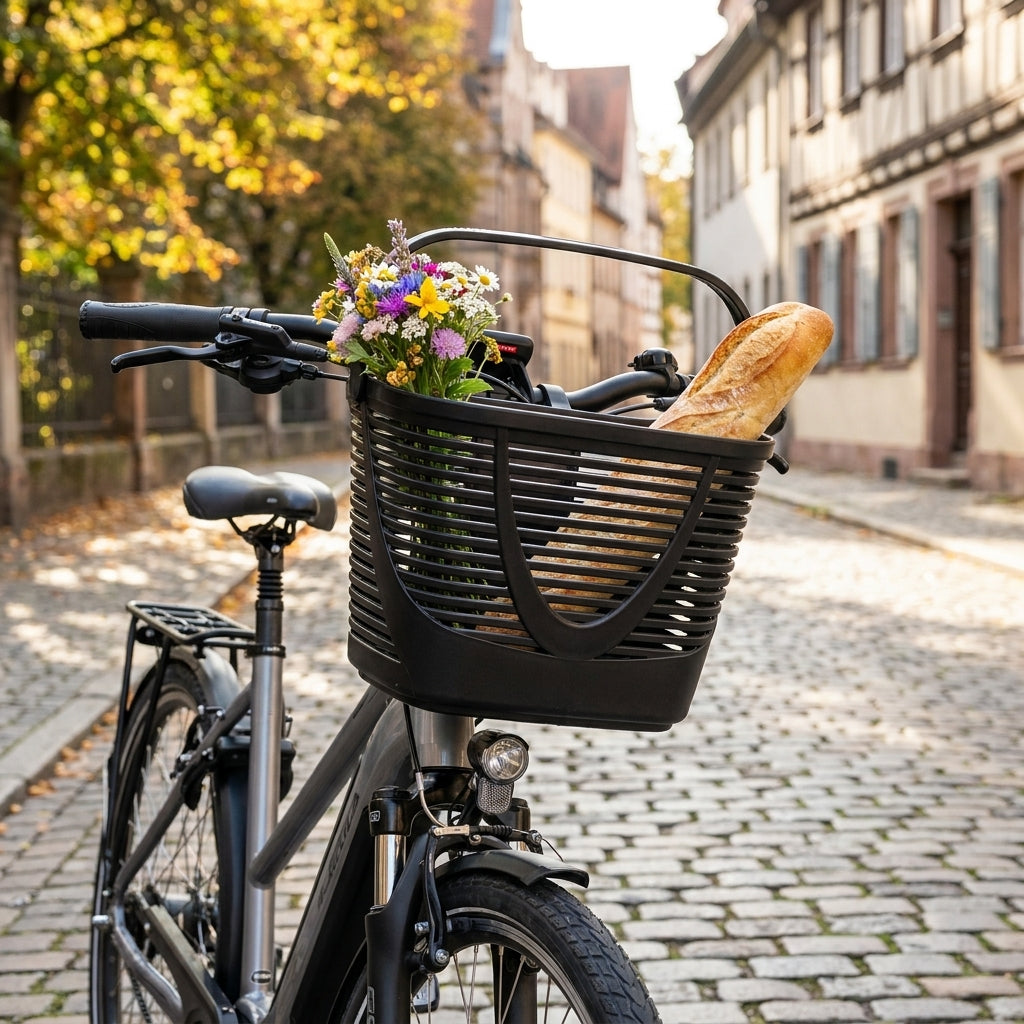 KLICKfix Lamello Mini Fahrradkorb schwarz am Fahrrad mit Blumen und Baguette auf Kopfsteinpflasterstraße.