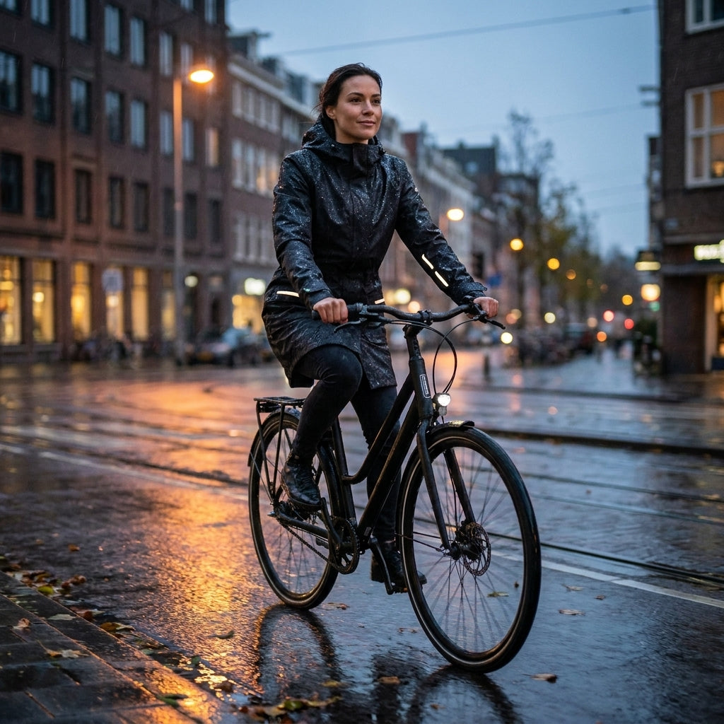 Frau trägt Basil Regenparka Mosse Jet Black beim Radfahren im Regen in der Stadt.