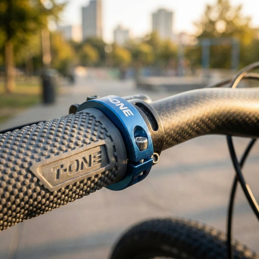 T-One DOT Griffe grau/blau, 1x Schraubensicherung, am Carbon-Fahrradlenker.