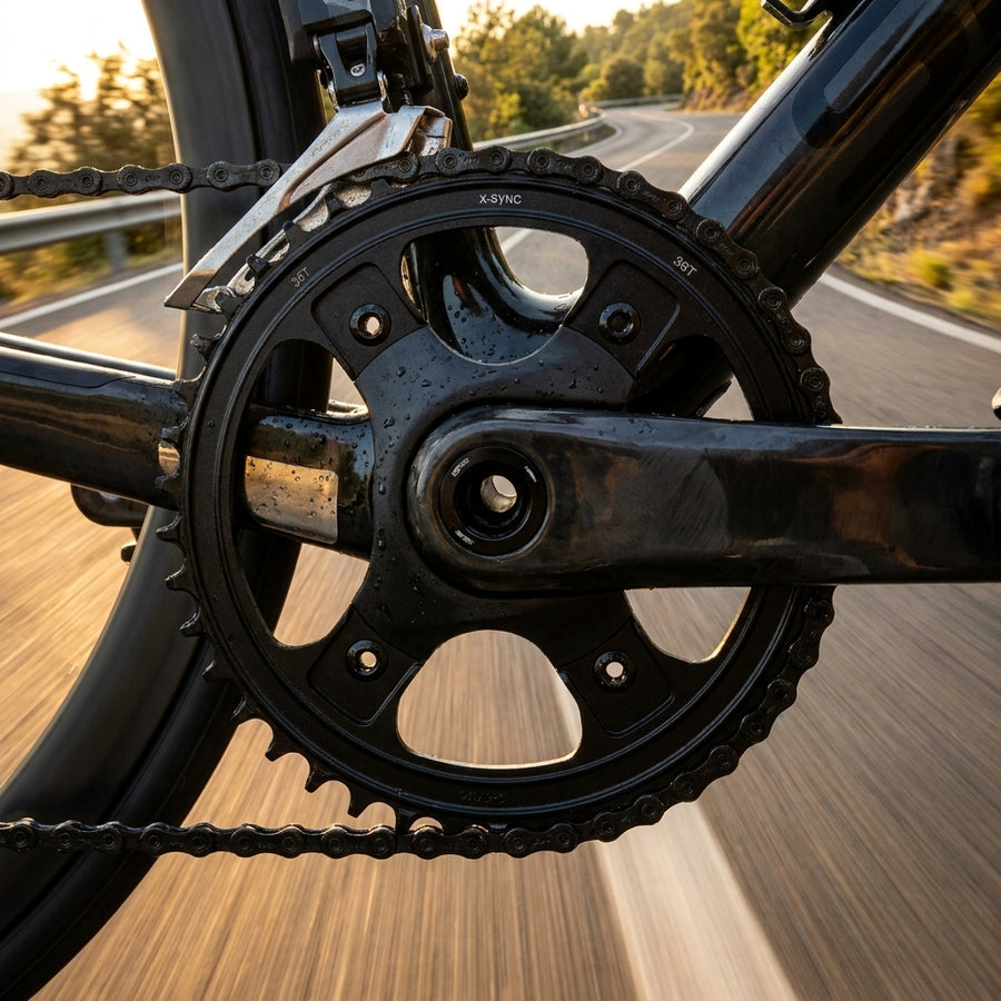SRAM X-Sync Kettenblatt Road 12-fach 36T schwarz am Rennrad in Fahrt für präzisen Antrieb.
