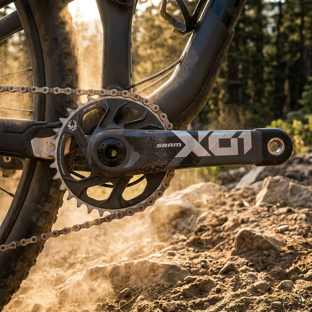 SRAM X01 Eagle DUB Kurbelgarnitur 1x12 lunargrau am Mountainbike-Antrieb auf staubigem Trail für Performance.