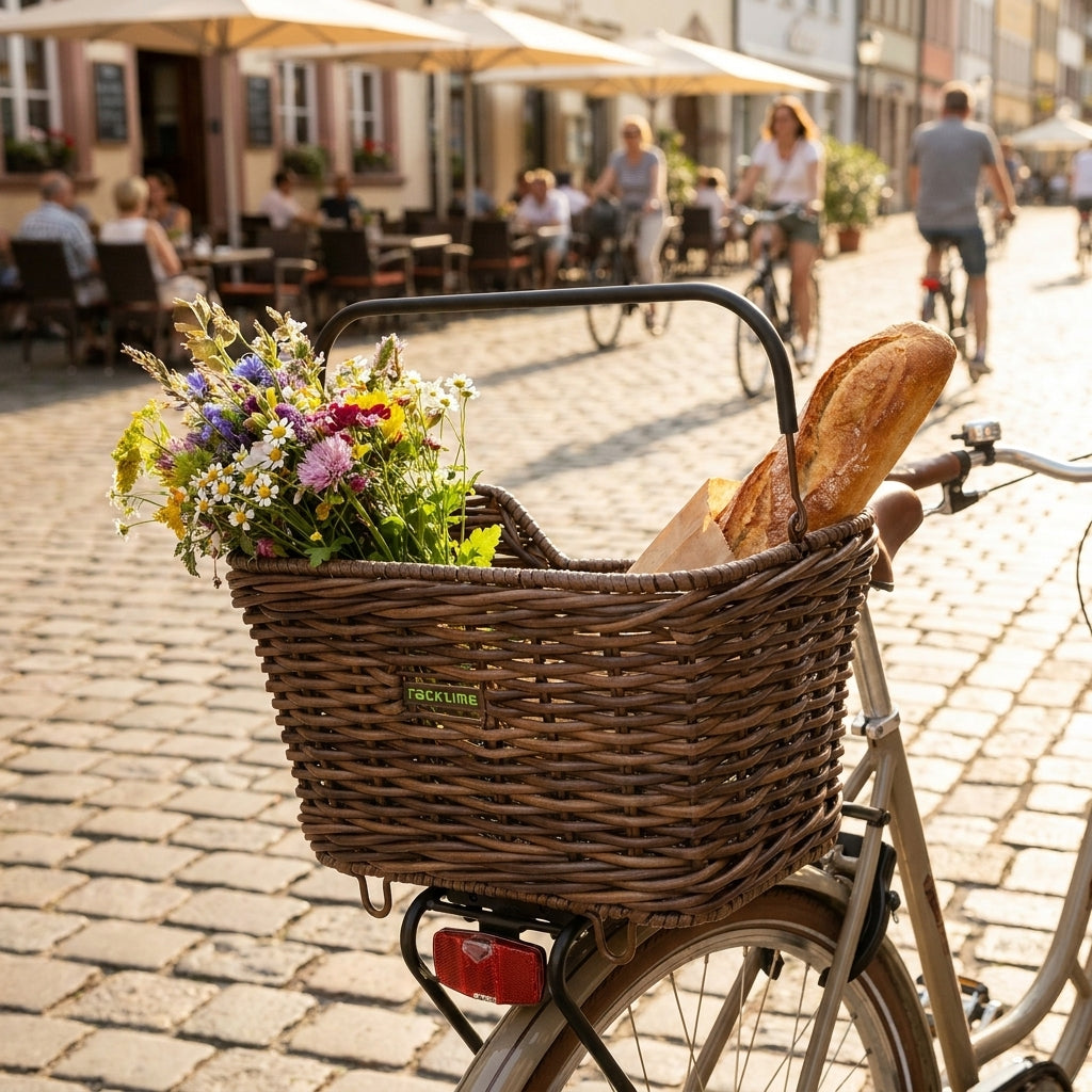 Brauner Racktime Baskit Willow Fahrradkorb mit Snapit Adapter am Rad, gefüllt mit Blumen und Baguette.