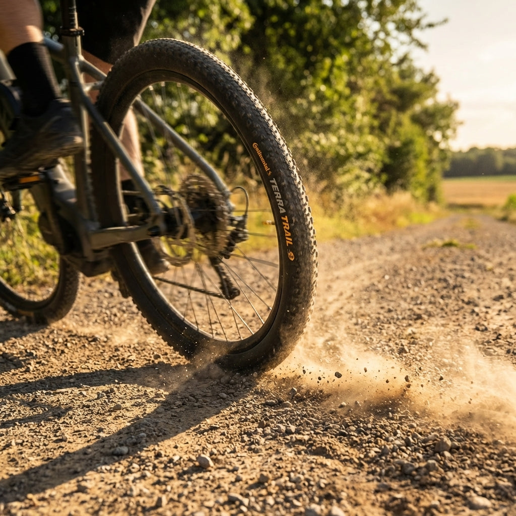 Continental Terra Trail 27.5" E-Bike Reifen schwarz auf Schotterweg, Staub aufwirbelnd.
