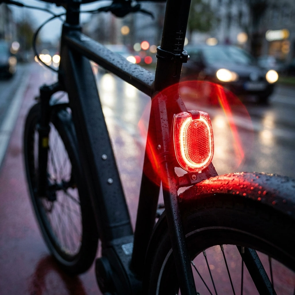 Schwarzes Busch&Müller SECULA E LED E-Bike-Rücklicht mit Standlicht StVZO am Hinterrad bei Nässe leuchtend.