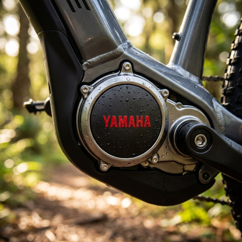Yamaha Abdeckkappe 2015 für E-Bike Motor mit rotem Logo, Wassertropfen auf grauem Rahmen im Wald.