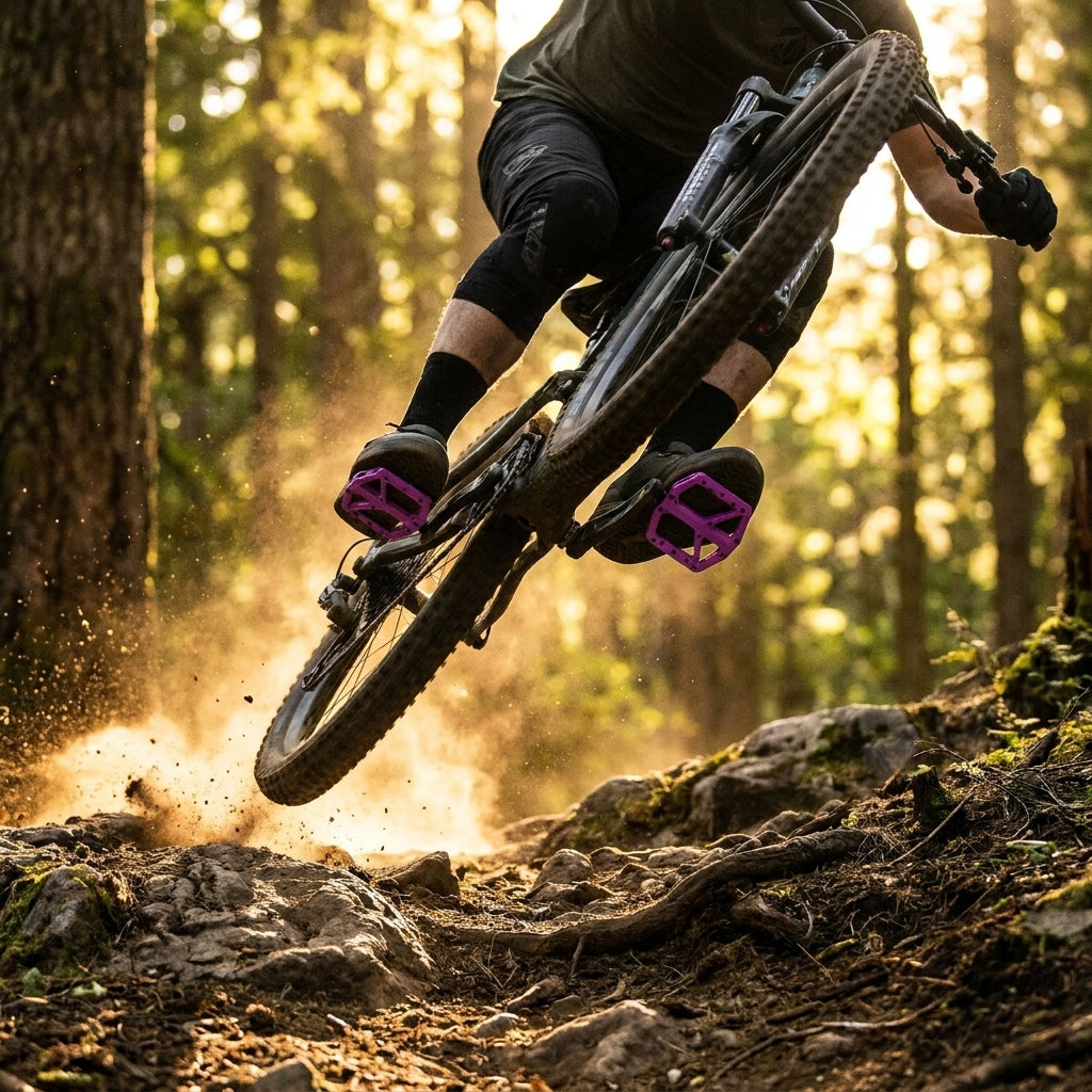 SDG Comp Plattform-Pedal Lila an Mountainbike im Sprung, Staub im sonnigen Wald.