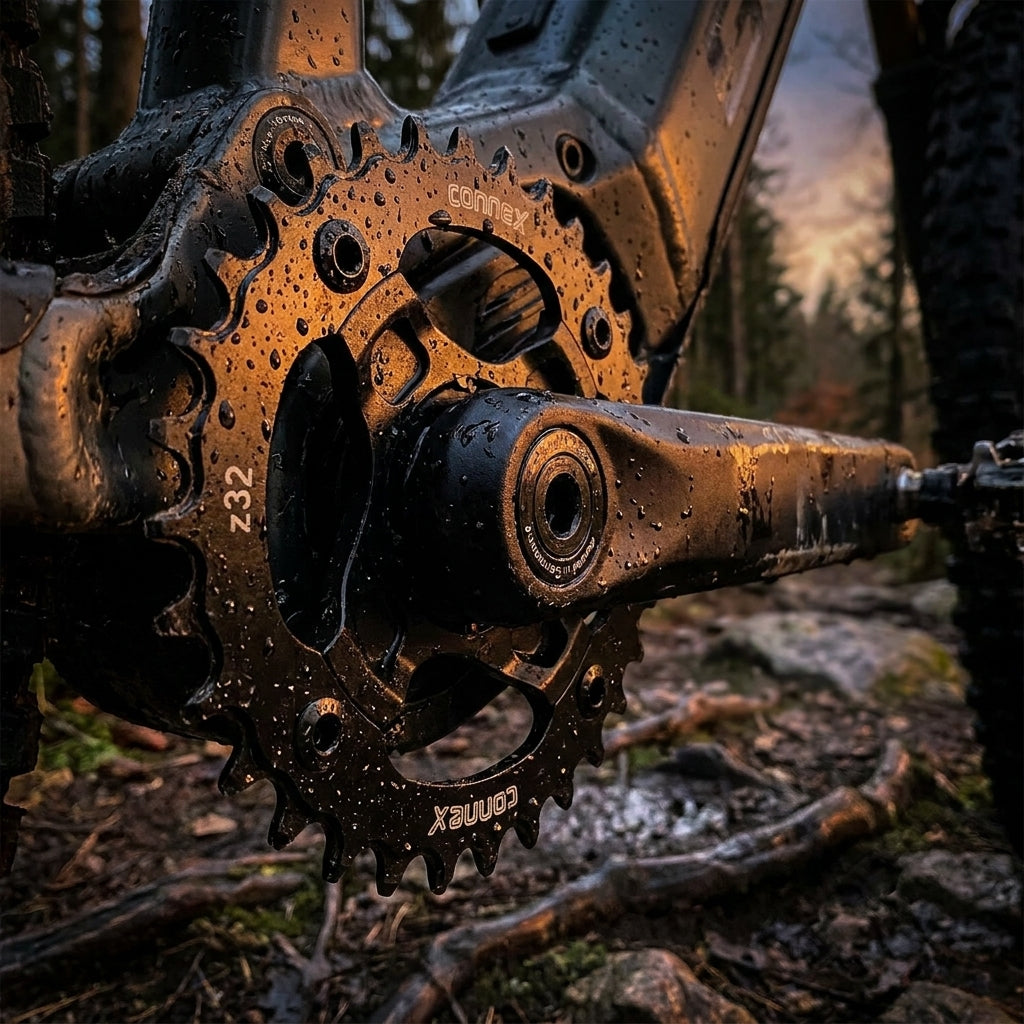 ConneX E-Bike Kettenblatt z32 schwarz mit Wassertropfen, beleuchtet von warmer Abendsonne im Wald.