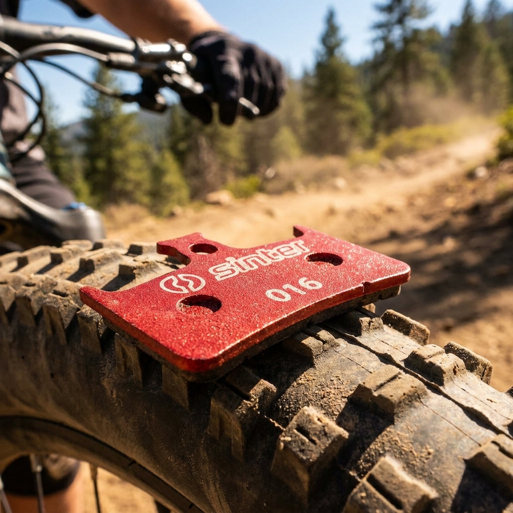 Roter Sinter 016 Hope organisch MTB Scheibenbremsbelag auf Reifen. Biker im Hintergrund auf Trail.