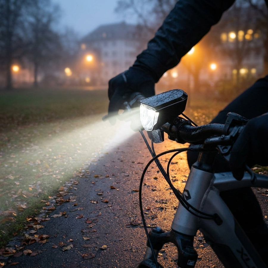 XLC Scheinwerfer Sirius D45 S LED am Fahrrad beleuchtet nassen Herbstweg mit 45 Lux Standlicht.