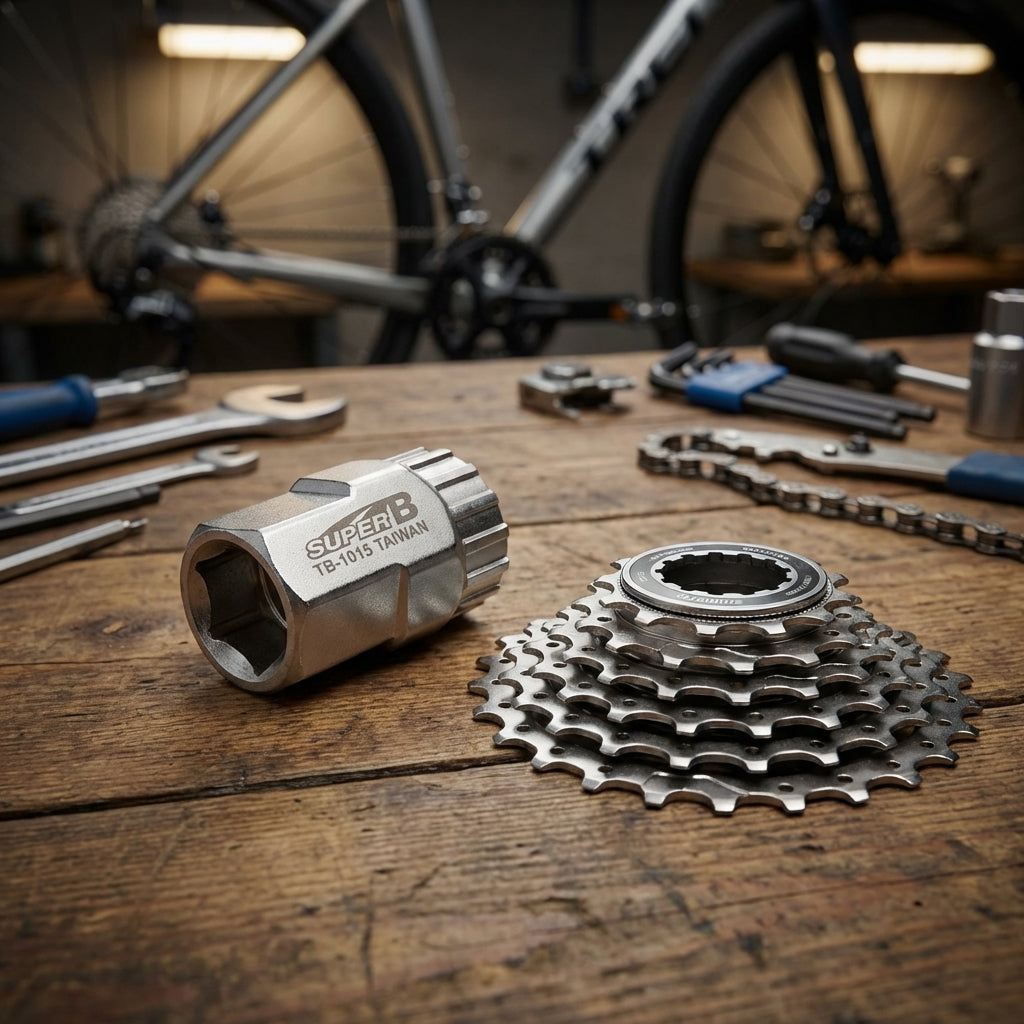 SuperB TB-1015 Kassettenzahnkranzabzieher aus CrMo-Stahl für Shimano und SRAM neben einer Fahrradkassette auf Holz.
