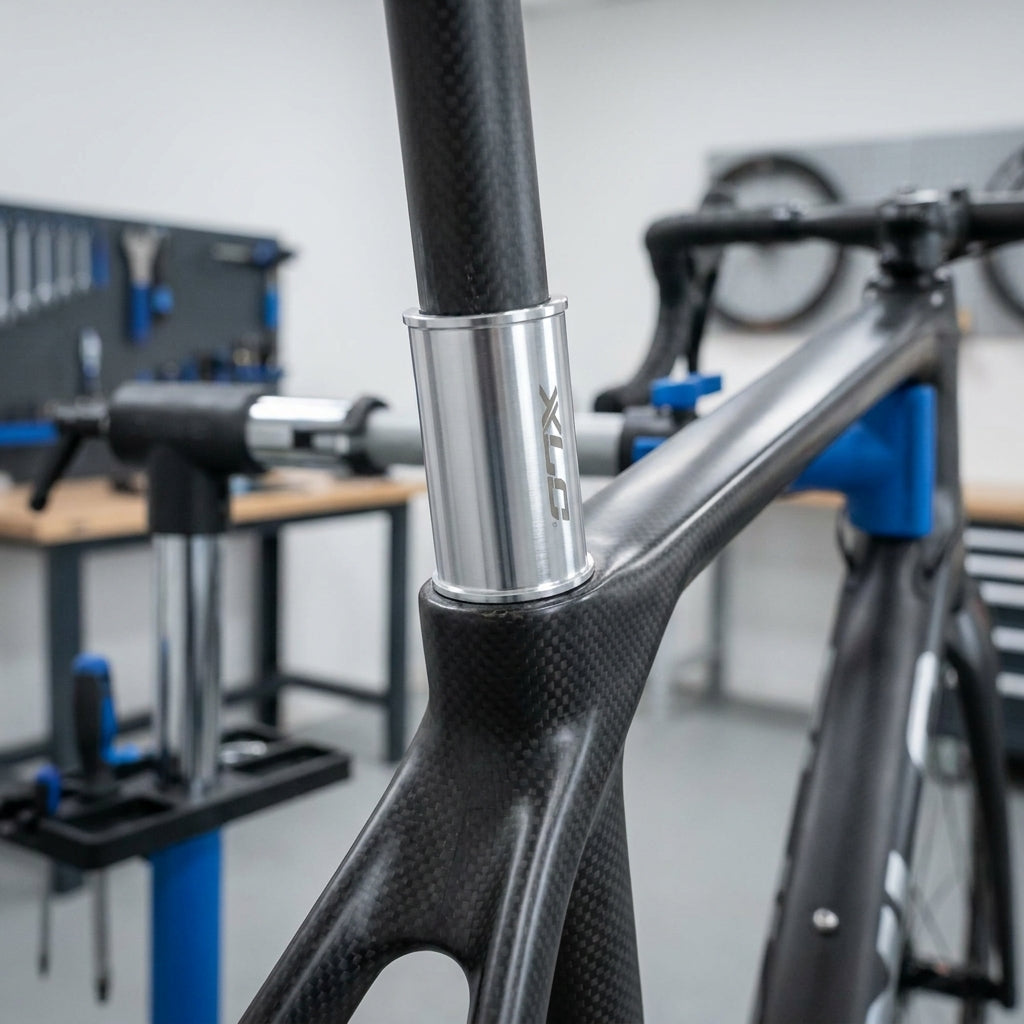 XLC Kalibrierbuchse SP-X20 Ø25,4-26,2mm, 80mm silbern, an Carbon-Fahrradrahmen mit Sattelstütze montiert.