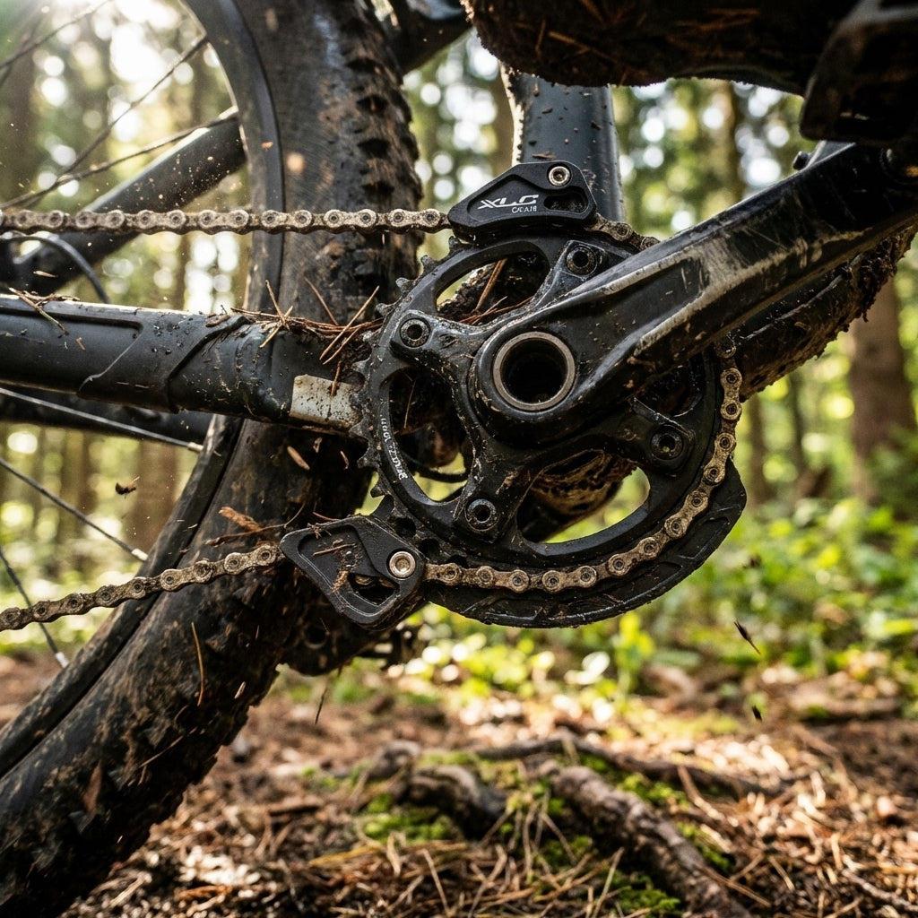 XLC Kettenführung CR-A18 an schlammigem Mountainbike im Wald, Kette sicher auf Kettenblatt.