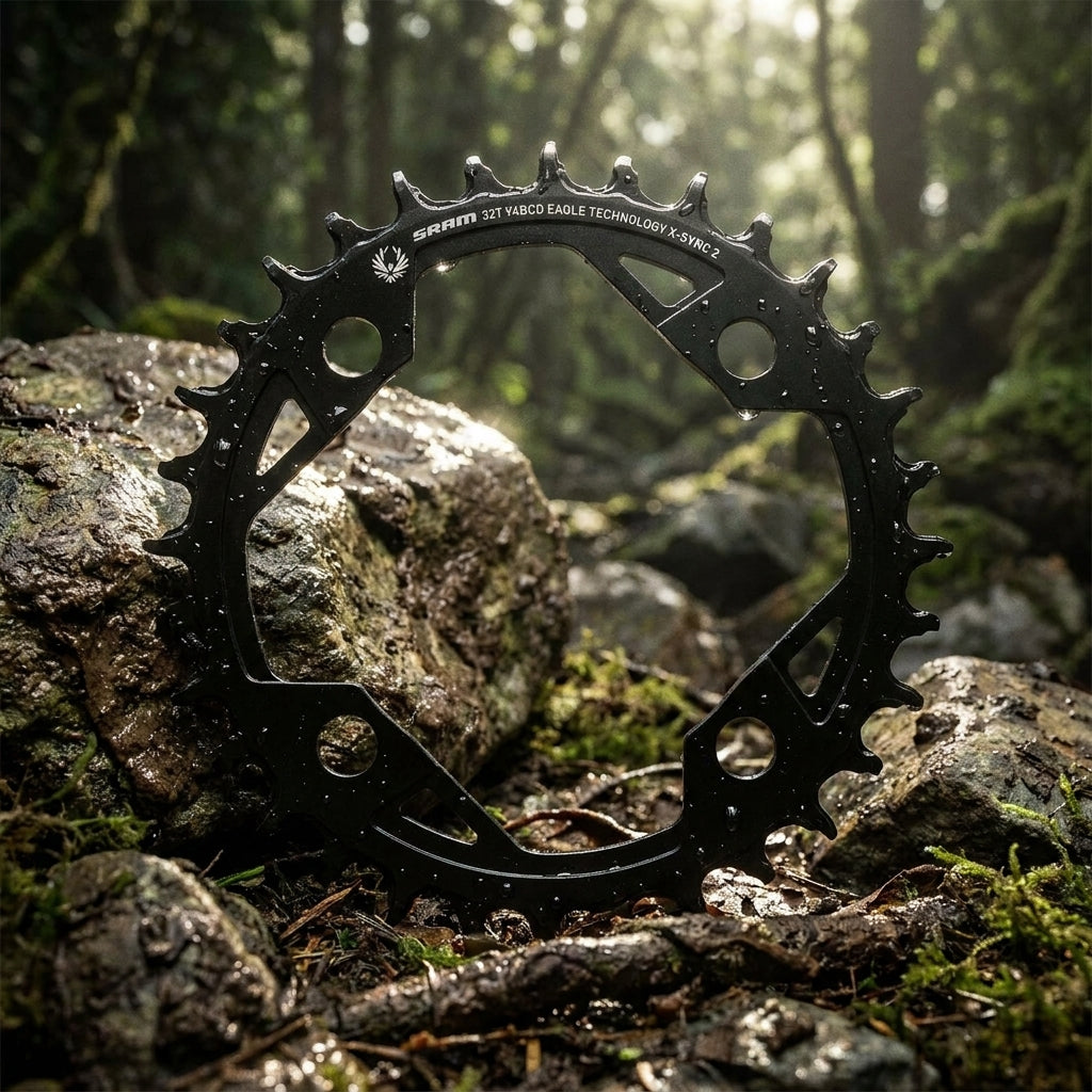Robustes schwarzes SRAM Eagle X-Sync 2 E-MTB Kettenblatt 32T auf feuchten Steinen im sonnigen Waldlichtung.