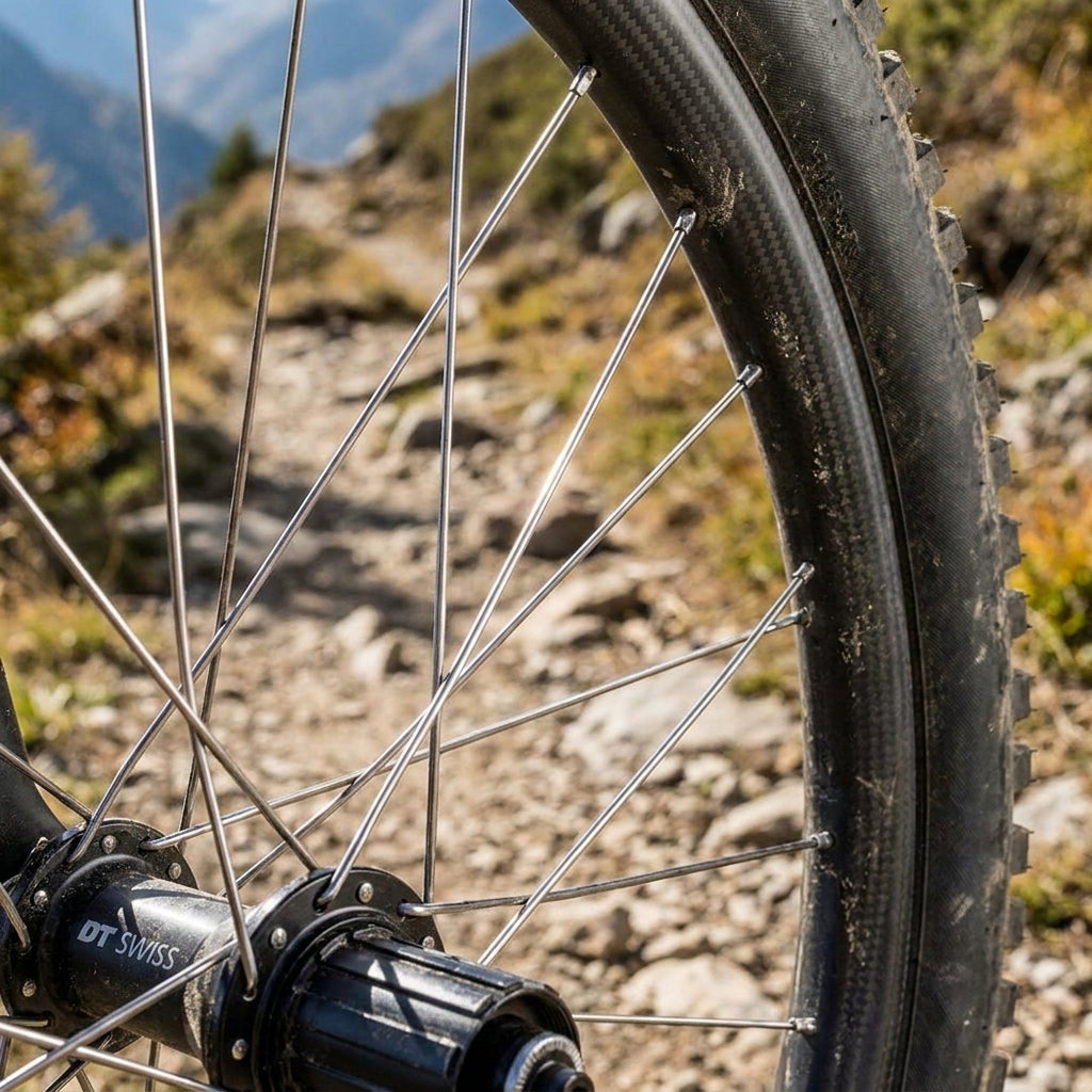 DT Swiss Competition 2.0/1.8 silberne Speichen am robusten Laufrad eines Mountainbikes auf einem Trail.