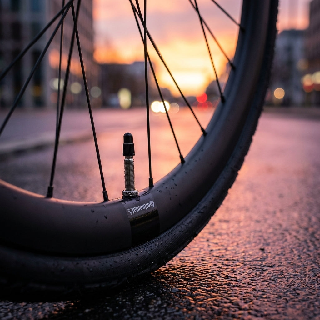 Continental Schlauch TOUR 28 slim S42 mit Presta-Ventil am Fahrradreifen, auf nasser Straße im Sonnenuntergang.