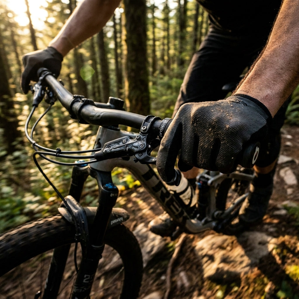 Prologo Proxim X-Shred Lenkergriffe schwarz an Mountainbike im Wald, ergonomische Offroad-Griffe.