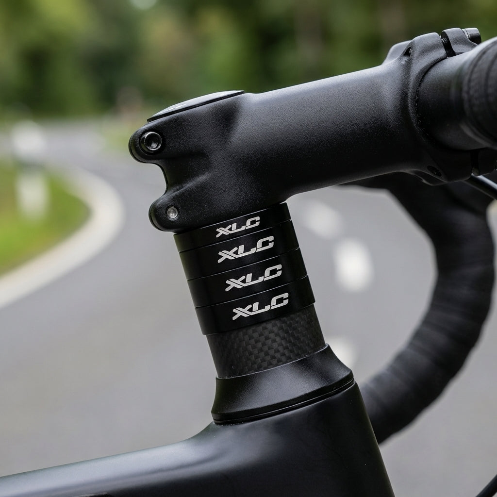 XLC A-Head Spacer-Set AS-A02 aus schwarzem Aluminium für individuelle Lenkerhöhenanpassung am Fahrrad.