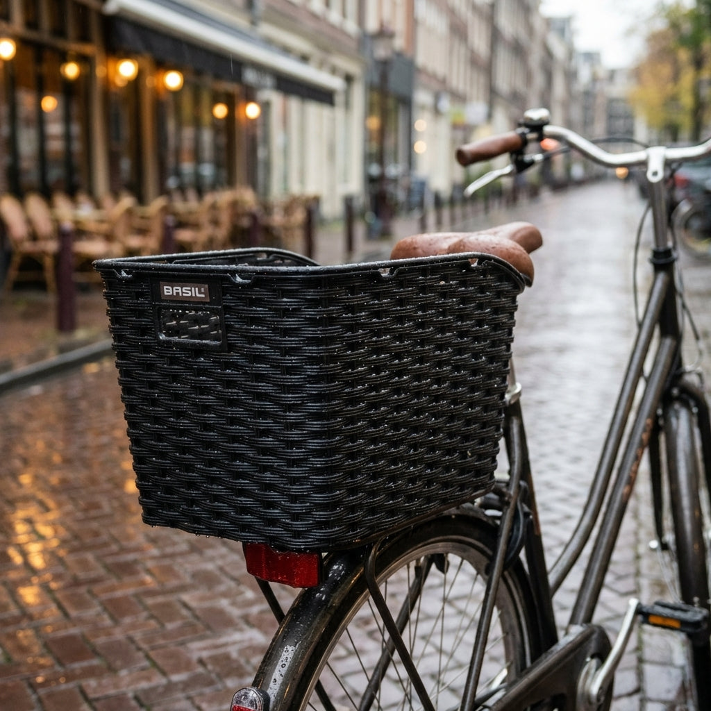 Schwarzer Basil Weave WP Hinterradkorb aus Kunststoffgeflecht am Fahrrad im Regen auf nasser Straße.