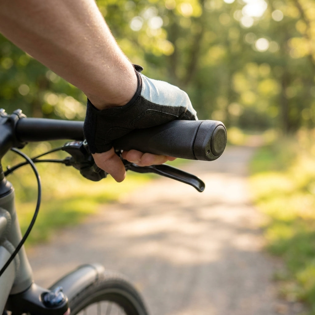 Hand in Handschuh hält Herrmans Clik Lenkergriffe 123mm schwarz am Fahrrad auf sonnigem Waldweg.