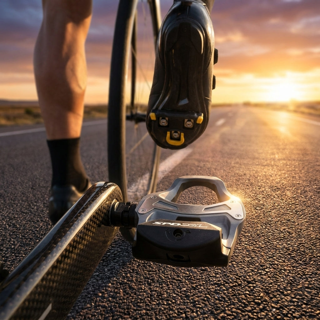 SHIMANO PD-R550 SPD-SL Rennradpedal in Grau mit Klickschuh am Fahrrad auf der Straße bei Sonnenuntergang.