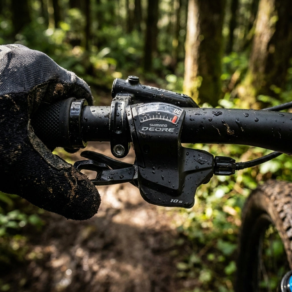 SHIMANO DEORE SL-M5130 10-fach MTB Schalthebel, nass und schlammig am Lenker, bereit für präzise Schaltvorgänge im Wald.
