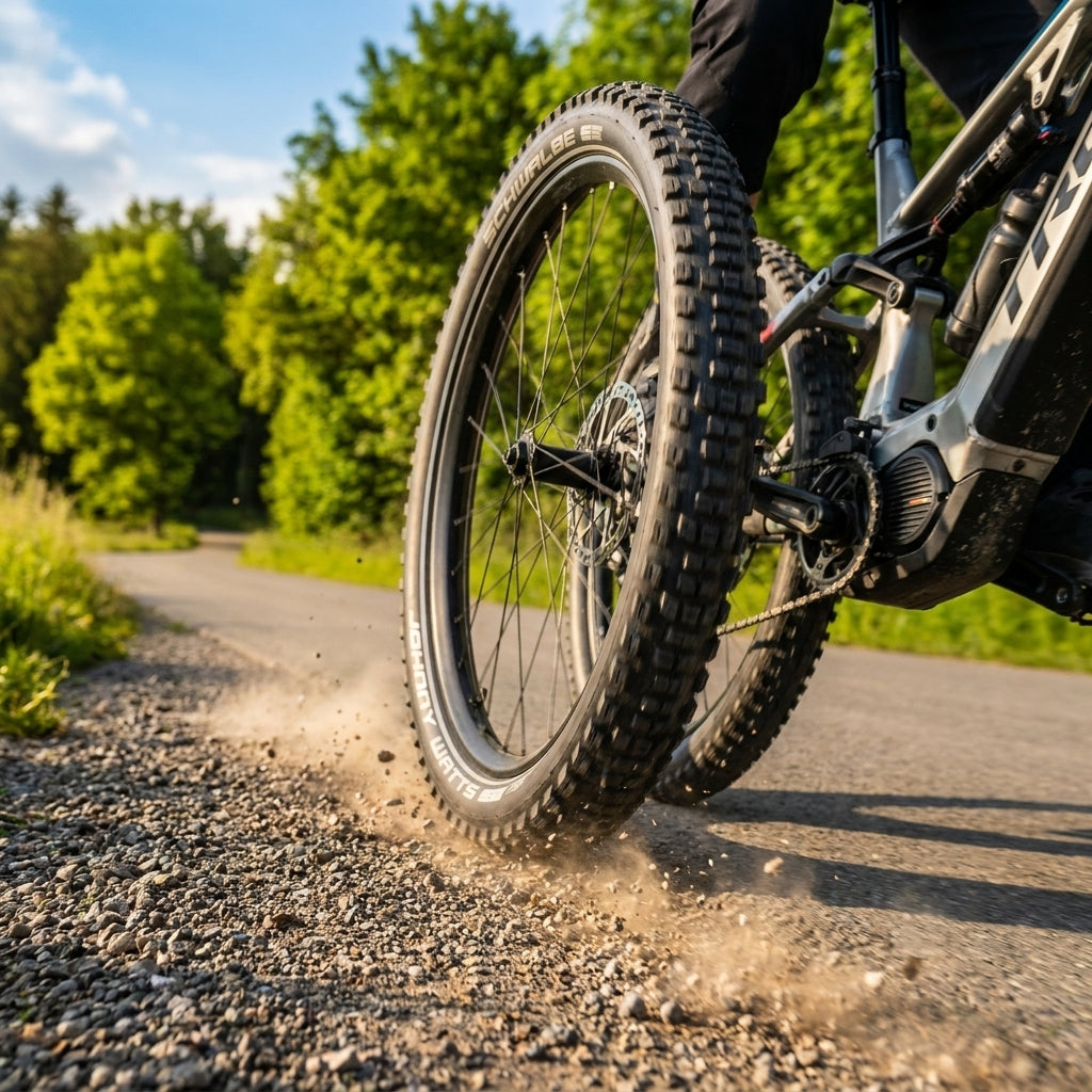 Schwalbe Johnny Watts E-SUV Reifen (Schwarz) am E-Bike, wirbelt Staub auf Schotterweg auf. Hohe Reichweite Performance.