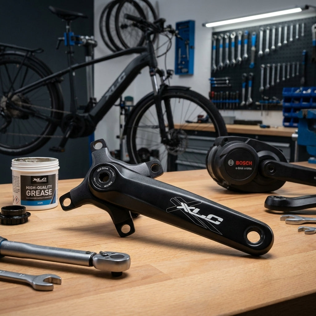 XLC Kurbelset CR-E01 schwarz für Bosch e-Bike Systeme auf Werkbank in Fahrradwerkstatt mit Werkzeug.